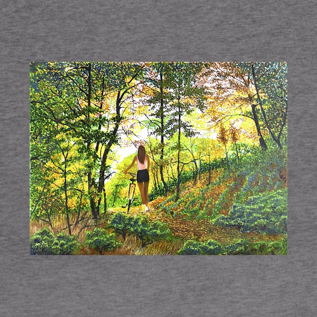 Woman girl with bicycle in woods zen yoga buddhism by Fantasyart123